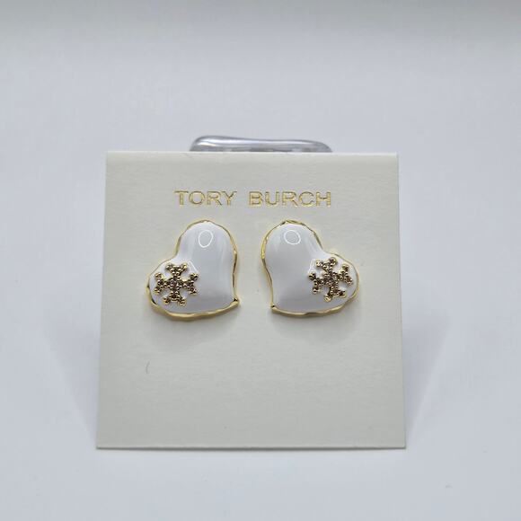 NEW Tory Burch Kira Enamel Heart Stud Earrings White Pave Logo Summer Bold - Picture 1 of 5